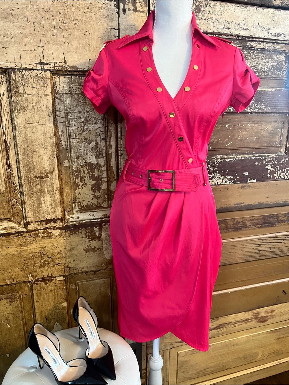 Cache Pink Wrap Dress | Removable Belt Gold Hardware | Size 4 | Barbiecore